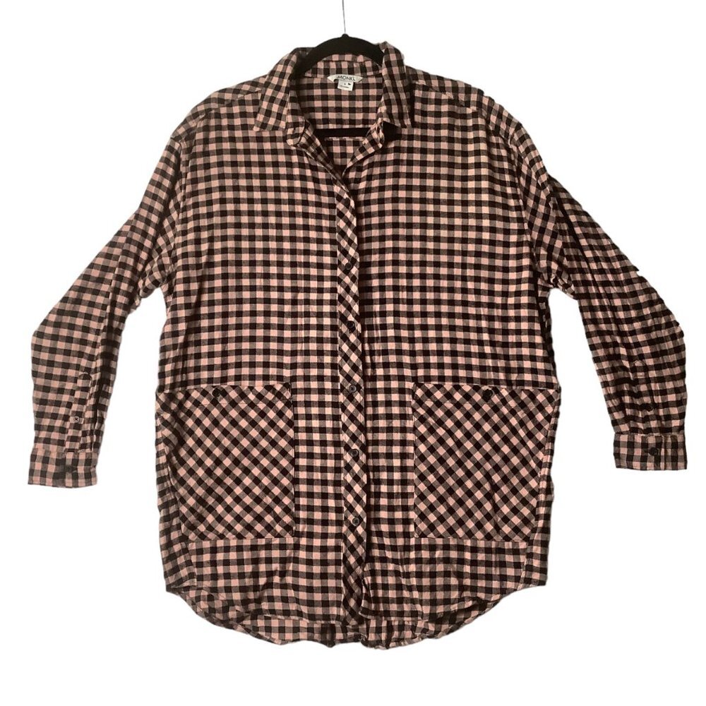 MONKI Button Front Shirt Women Size Small Checkered‎ Oversized 100% Cotton Soft